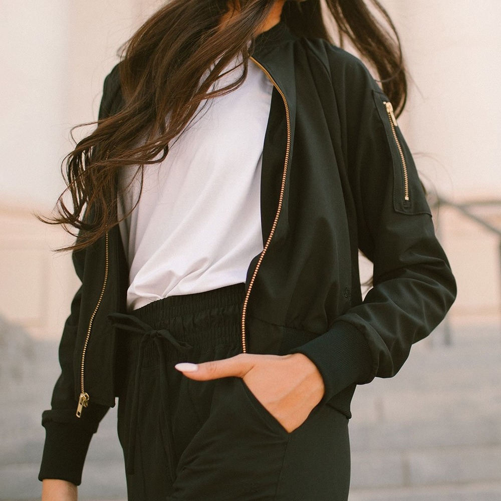 Albion Fit Bomber Jacket Gold Zip Pocket Black Women's Size XL